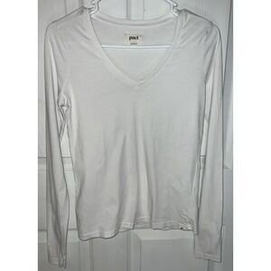 Pact Organic Cotton Long Sleeve V-Neck White Tee Casual Top XS‎ Natural Eco